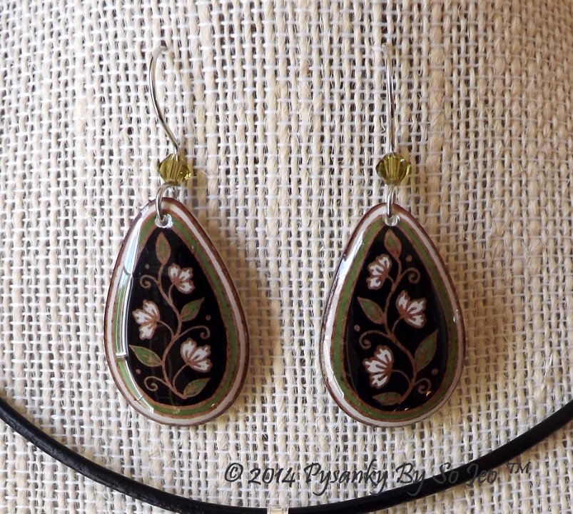 Green and Black Spring Vines Teardrop Earrings and Matching Necklace Pysanky Jewelry by So Jeo